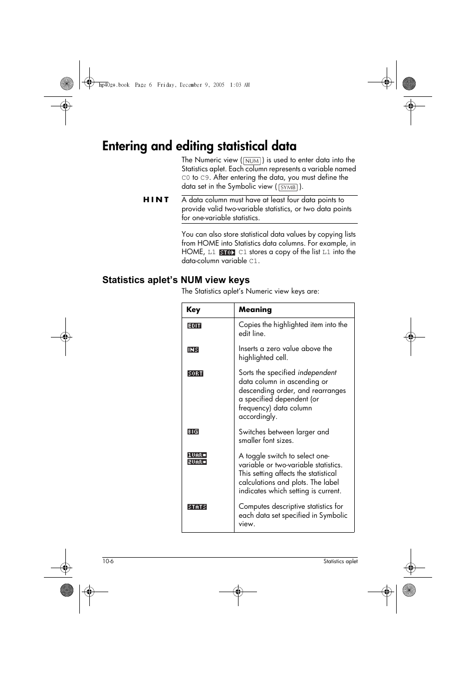 Entering and editing statistical data, Statistics aplet’s num view keys | HP 40gs User Manual | Page 110 / 444
