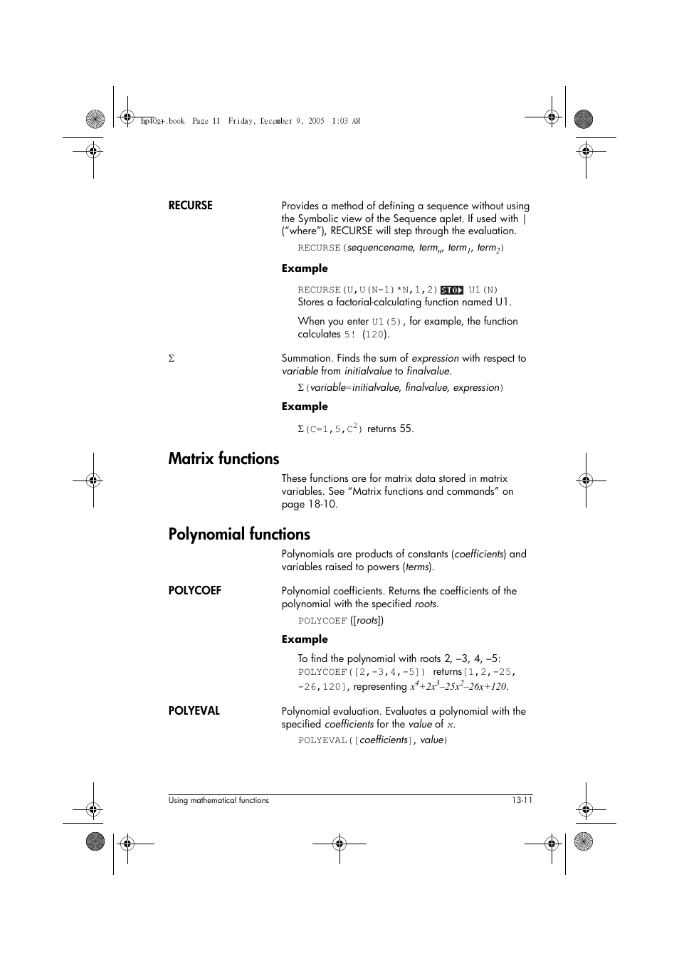 Matrix functions, Polynomial functions | HP 40gs User Manual | Page 165 / 444