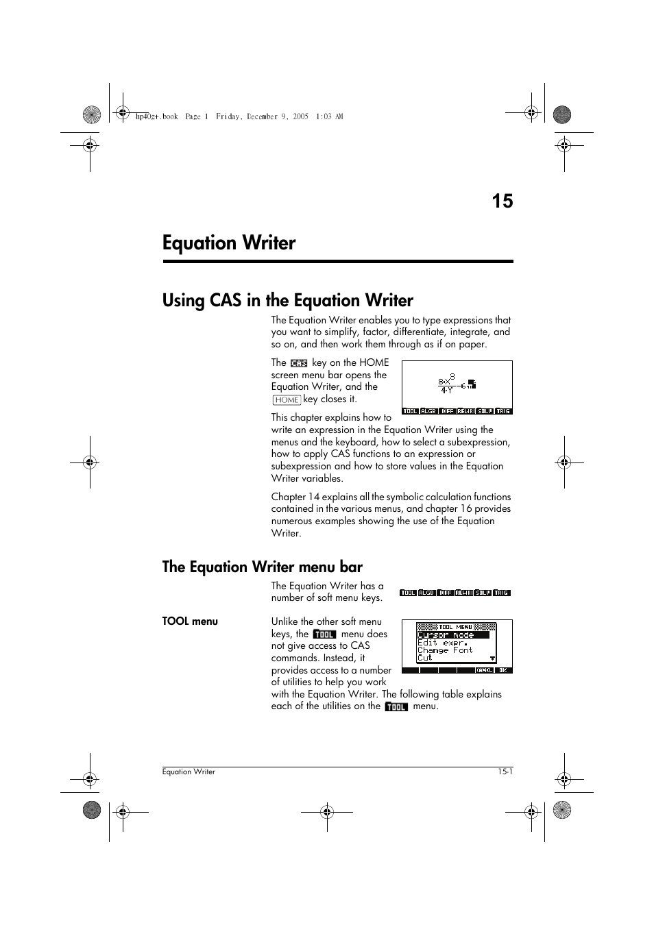 15 equation writer, Using cas in the equation writer, The equation writer menu bar | HP 40gs User Manual | Page 253 / 444