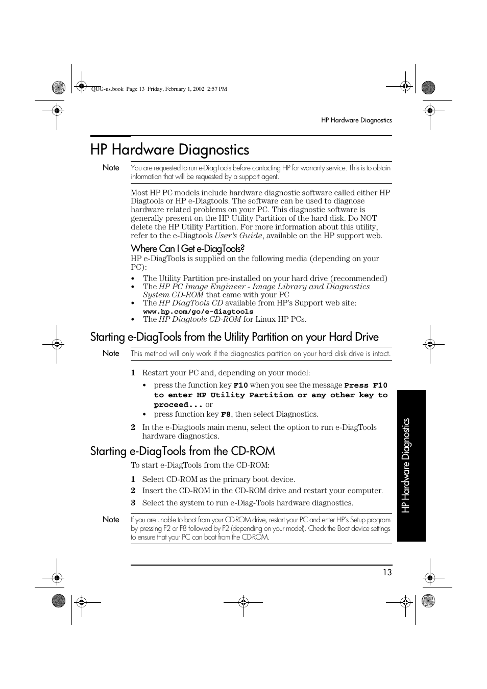 Hp hardware diagnostics, Starting e-diagtools from the cd-rom | HP vl420 User Manual | Page 13 / 32