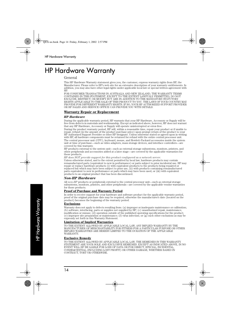 Hp hardware warranty | HP vl420 User Manual | Page 14 / 32