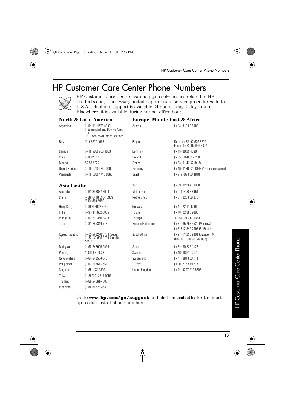 Hp customer care center phone numbers, Hp customer care center phone | HP vl420 User Manual | Page 17 / 32