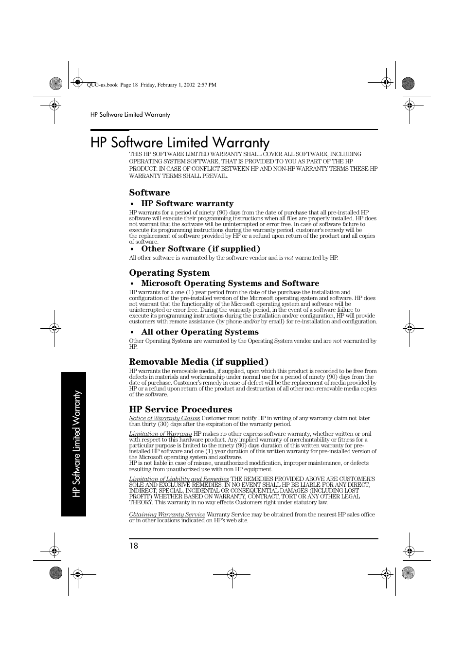 Hp software limited warranty, Software, Operating system | Removable media (if supplied), Hp service procedures | HP vl420 User Manual | Page 18 / 32