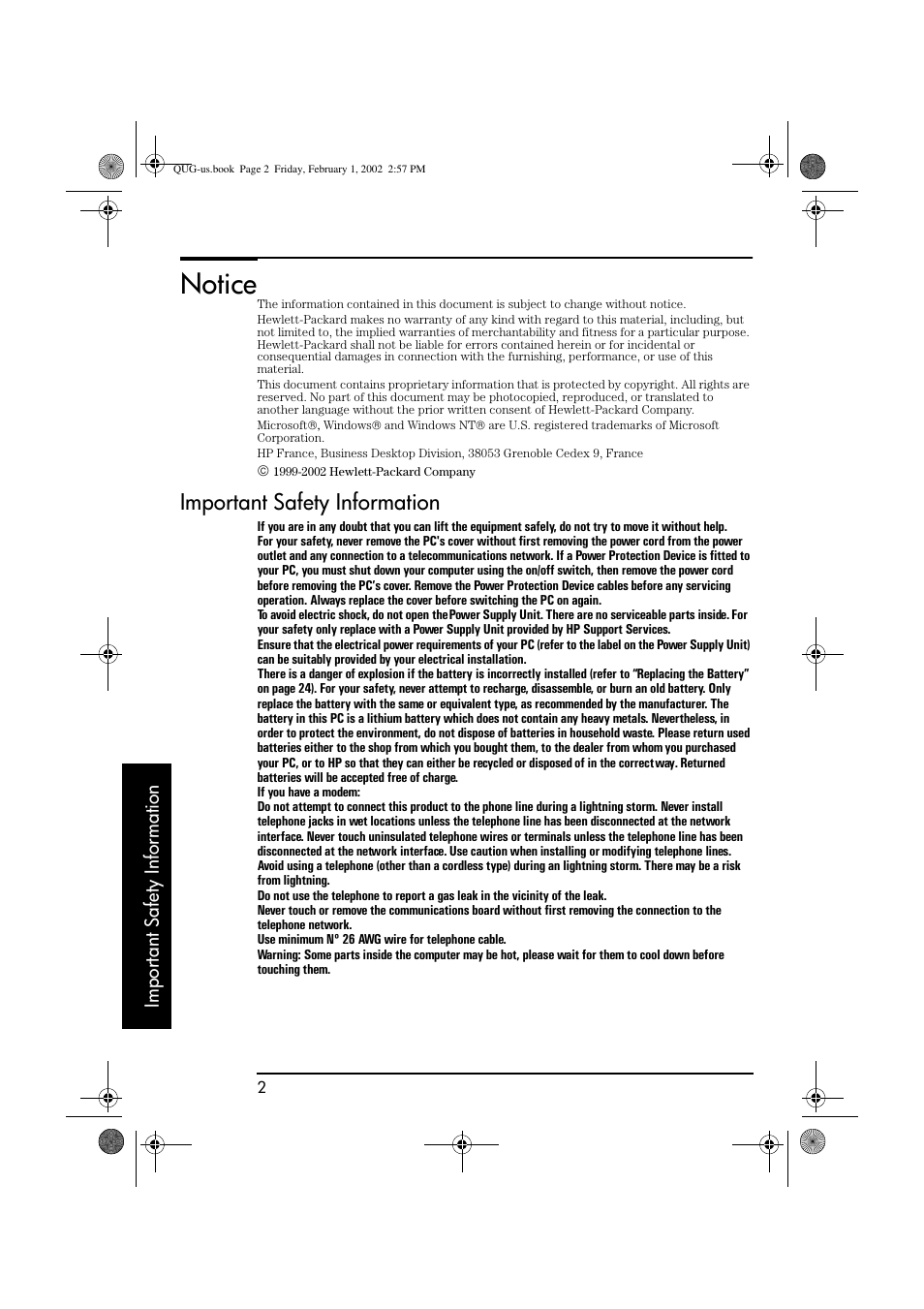 Notice, Important safety information | HP vl420 User Manual | Page 2 / 32