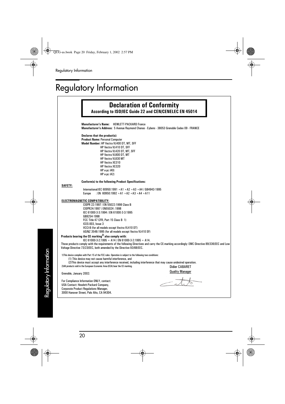Regulatory information, Declaration of conformity | HP vl420 User Manual | Page 20 / 32