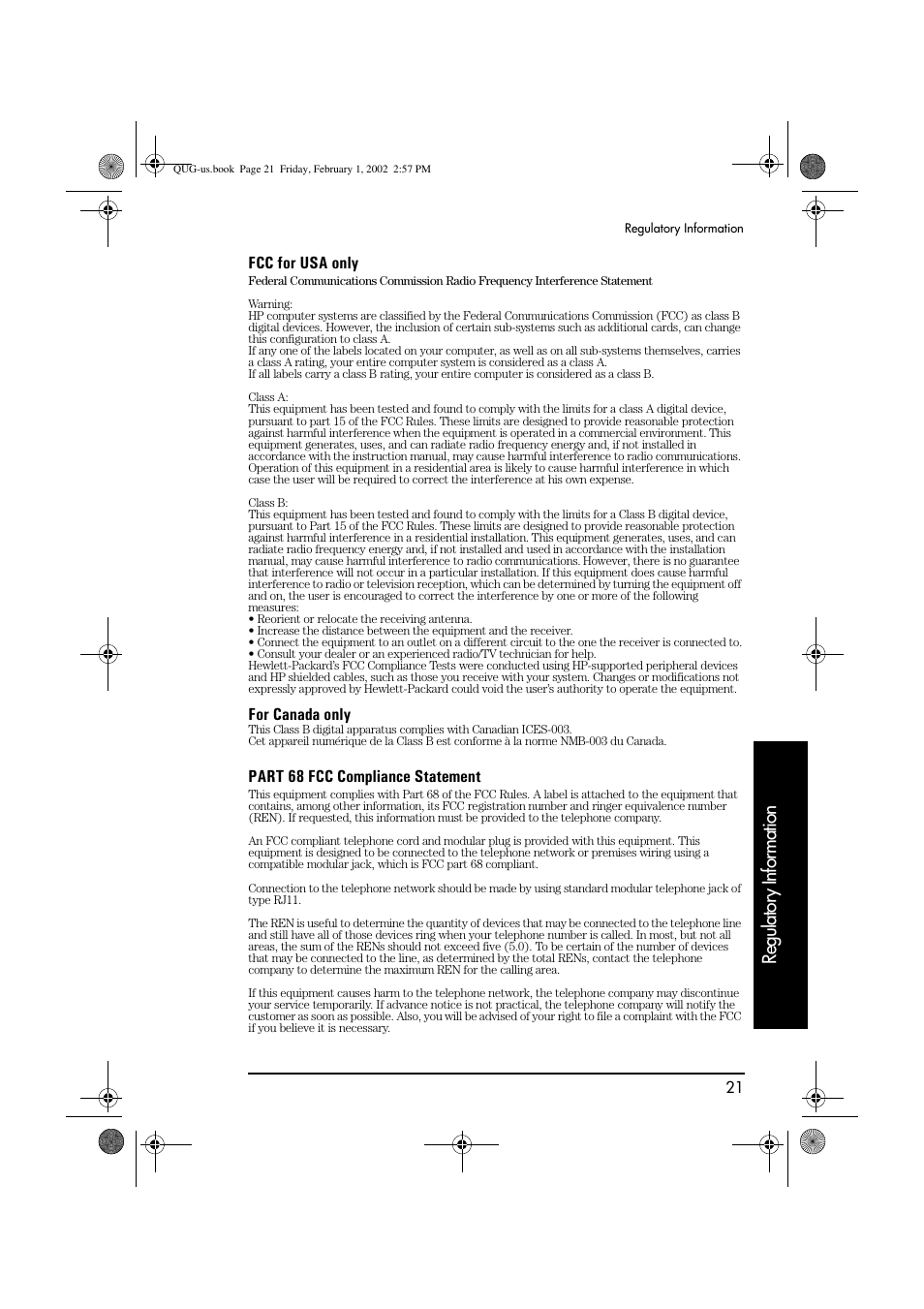 Regulatory information, Fcc for usa only, For canada only | Part 68 fcc compliance statement | HP vl420 User Manual | Page 21 / 32