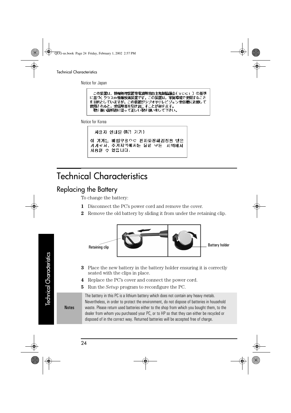 Technical characteristics, Replacing the battery | HP vl420 User Manual | Page 24 / 32