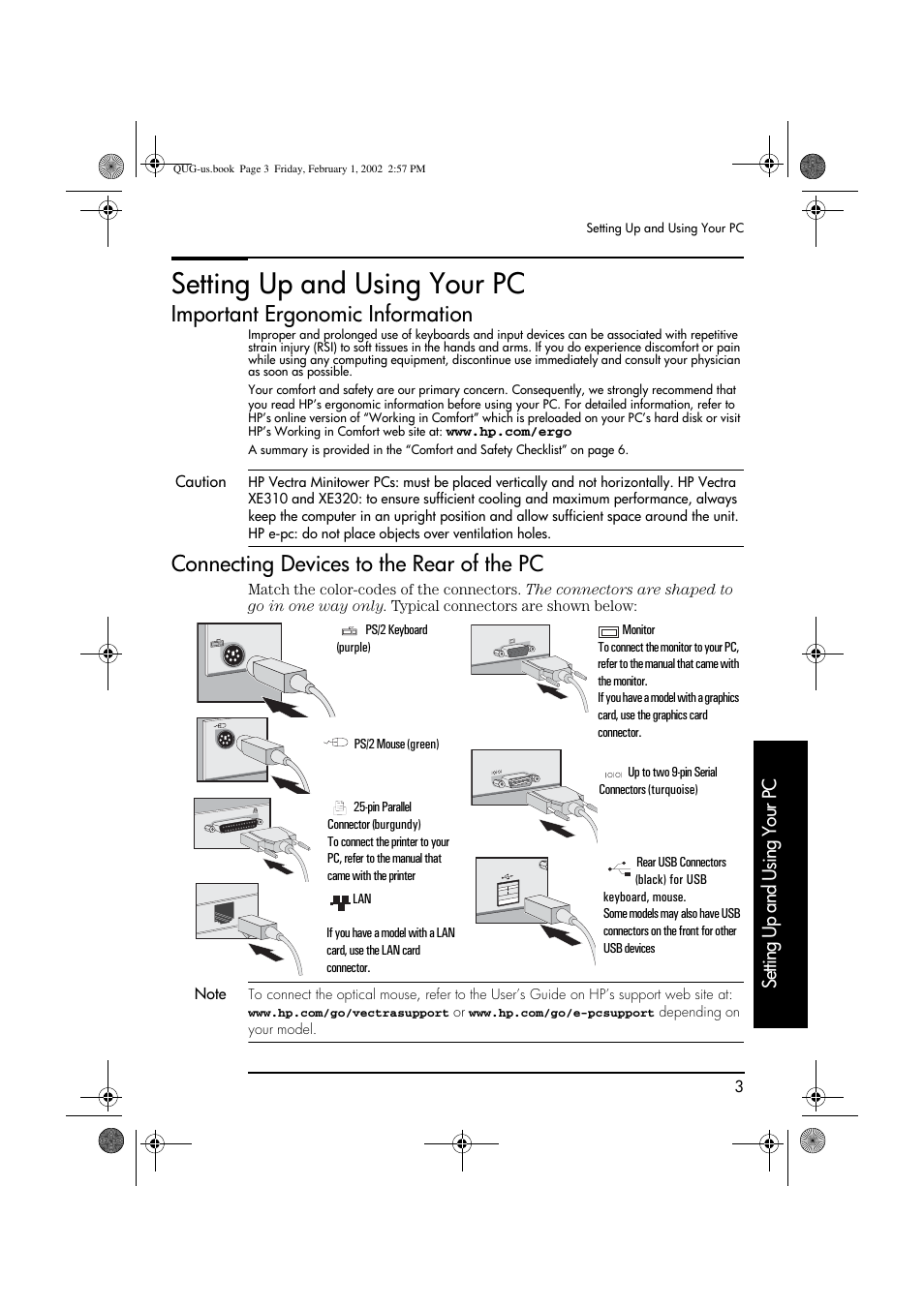 Setting up and using your pc, Important ergonomic information, Connecting devices to the rear of the pc | HP vl420 User Manual | Page 3 / 32