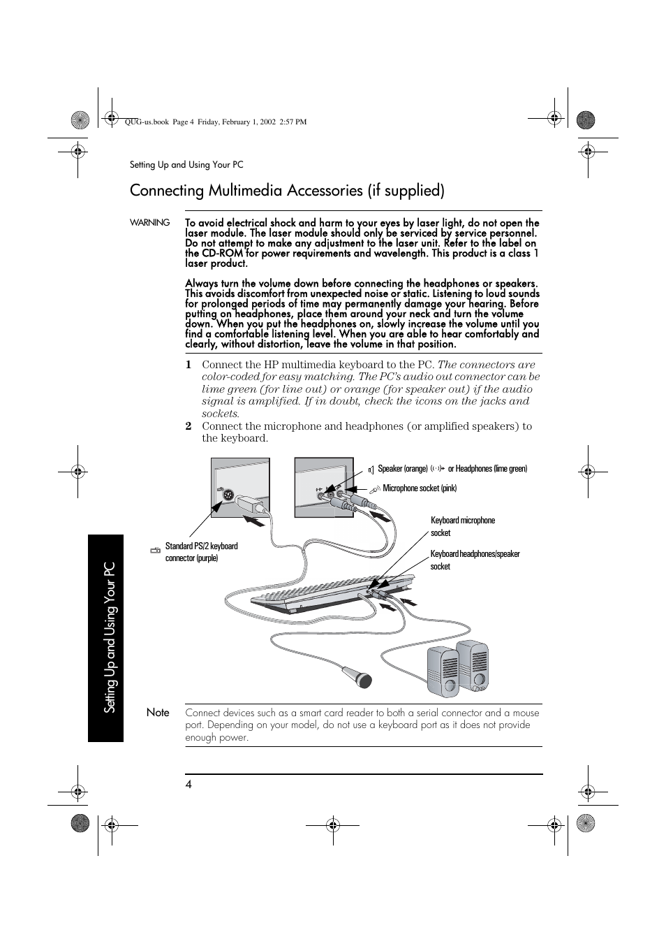 Connecting multimedia accessories (if supplied), Setting up and using your pc | HP vl420 User Manual | Page 4 / 32