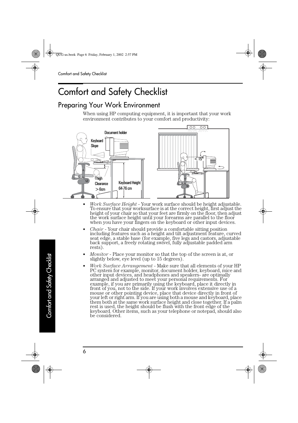 Comfort and safety checklist, Preparing your work environment | HP vl420 User Manual | Page 6 / 32