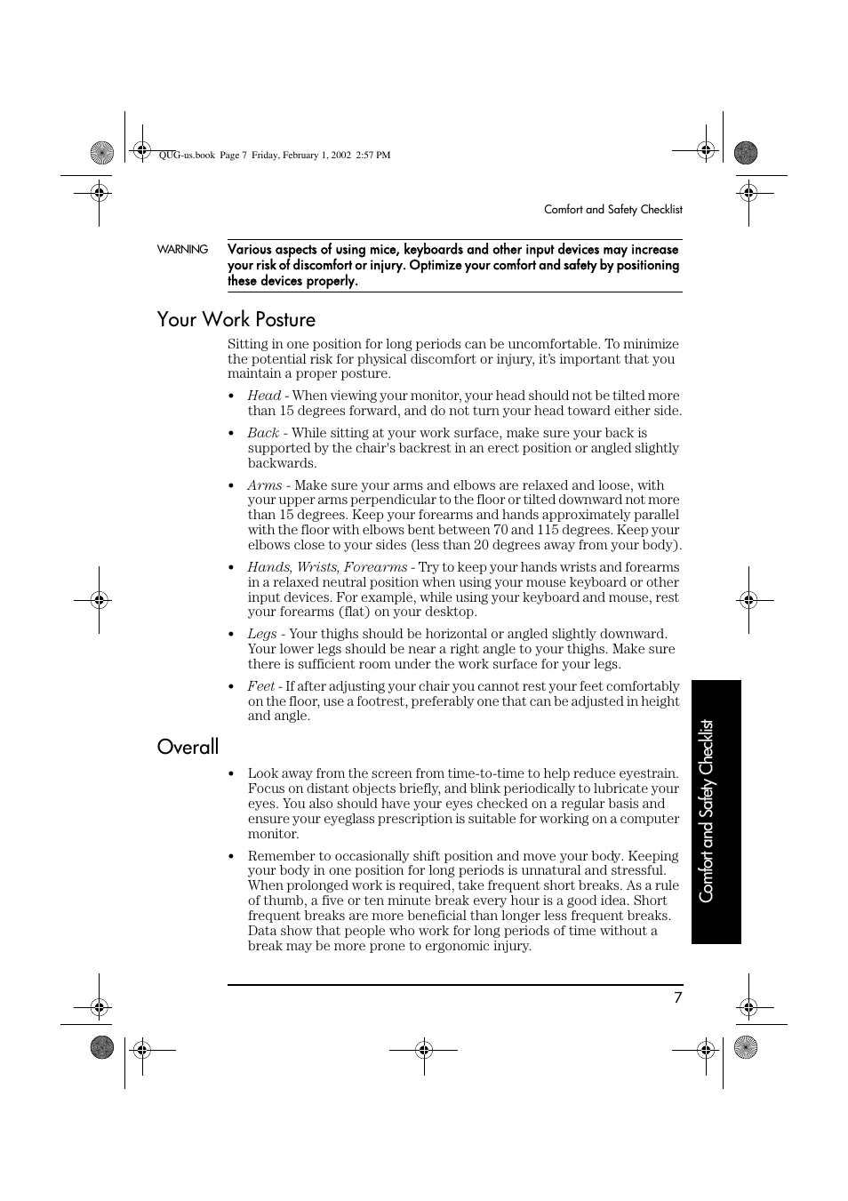 Your work posture, Overall, Comfort and safety checklist | HP vl420 User Manual | Page 7 / 32