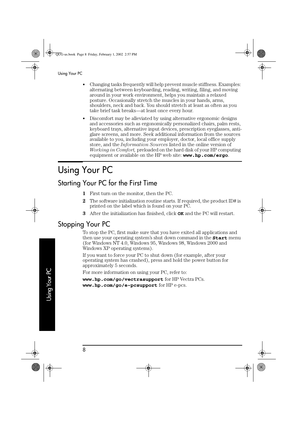 Using your pc, Starting your pc for the first time, Stopping your pc | HP vl420 User Manual | Page 8 / 32