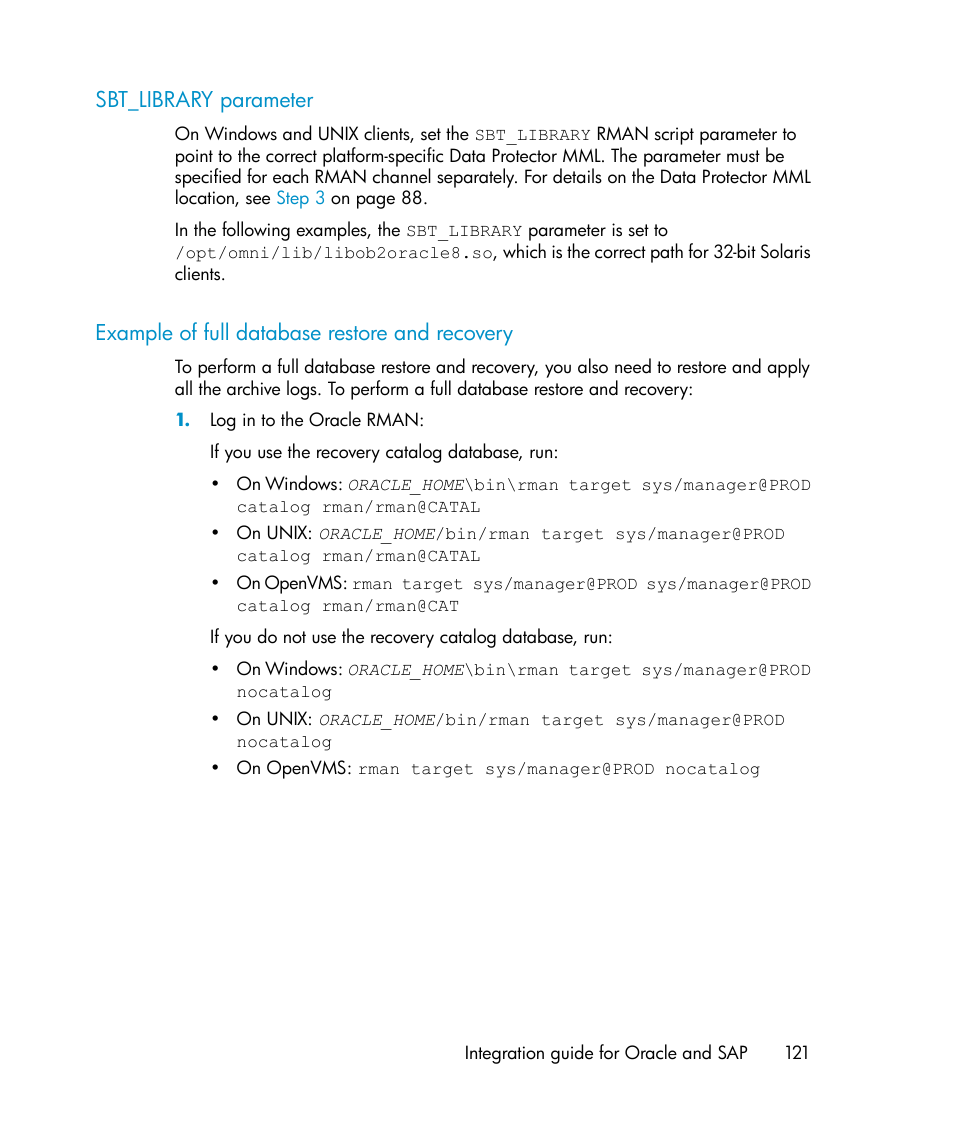 Sbt_library parameter, Example of full database restore and recovery, 121 example of full database restore and recovery | HP A.06.11 User Manual | Page 121 / 344