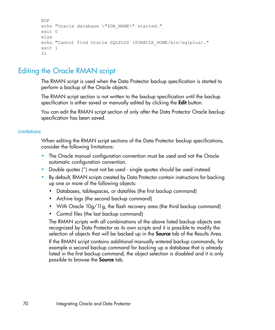 Editing the oracle rman script, Editing the oracle rman, Script | HP A.06.11 User Manual | Page 70 / 344