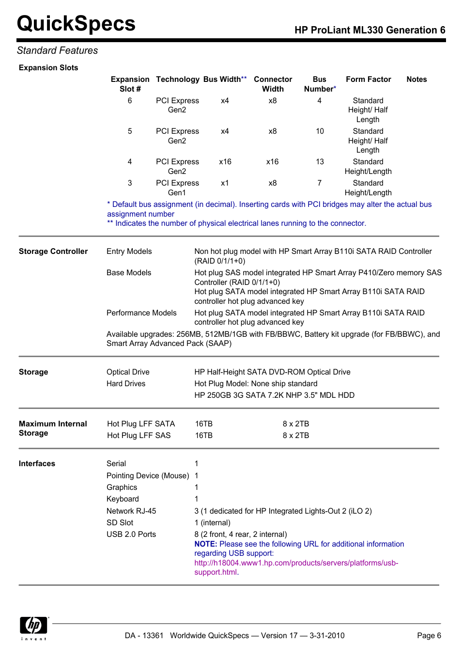 Quickspecs, Hp proliant ml330 generation 6 standard features | HP ProLiant ML330 User Manual | Page 6 / 44