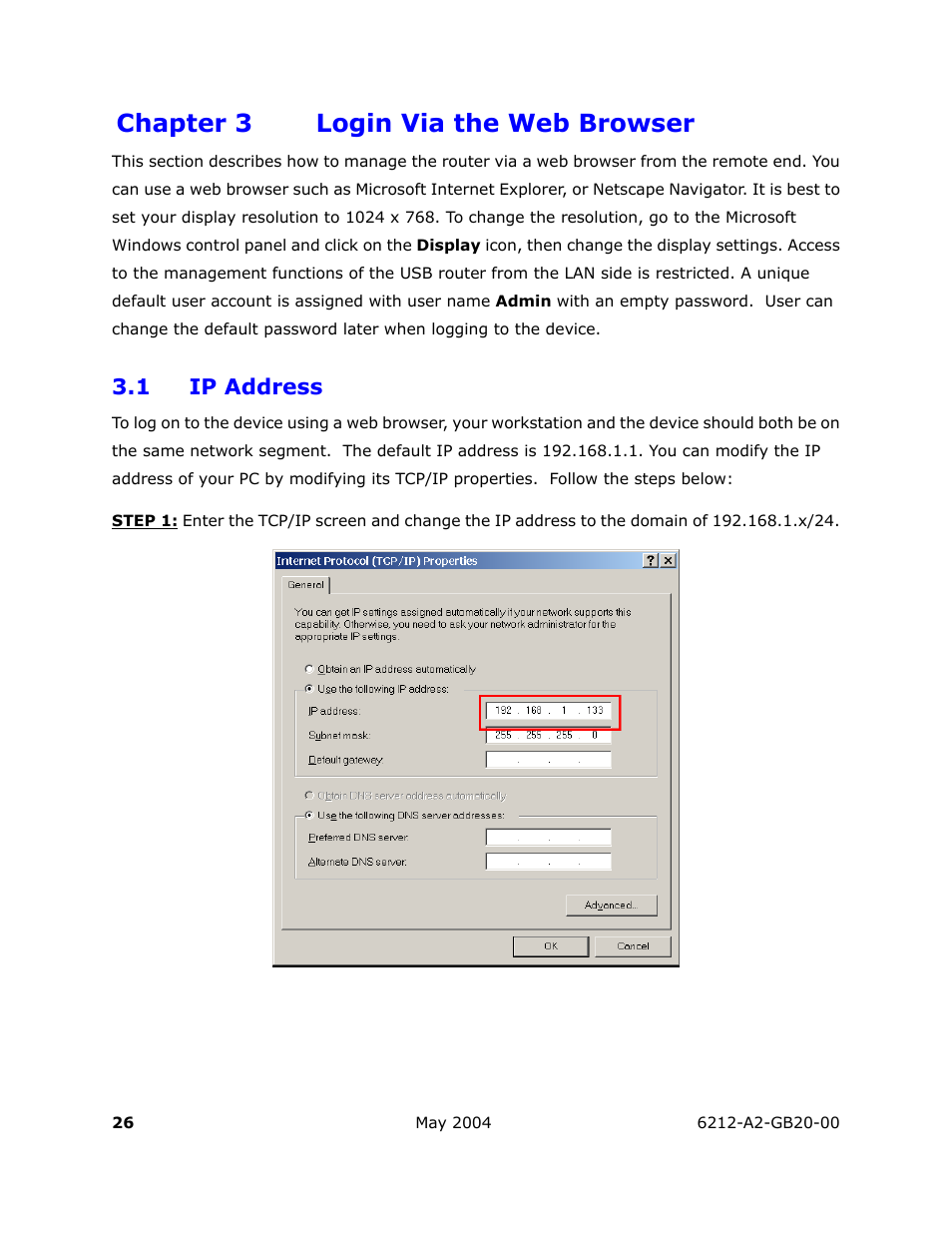 Login via the web browser, Ip address, Chapter 3 login via the web browser | HP 6212 User Manual | Page 26 / 101