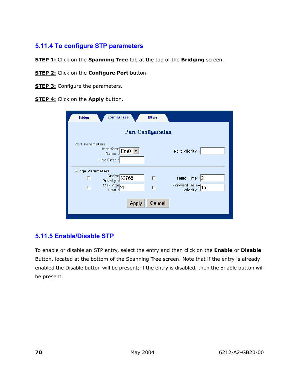 To configure stp parameters, Enable/disable stp, 4 to configure stp parameters | 5 enable/disable stp | HP 6212 User Manual | Page 70 / 101