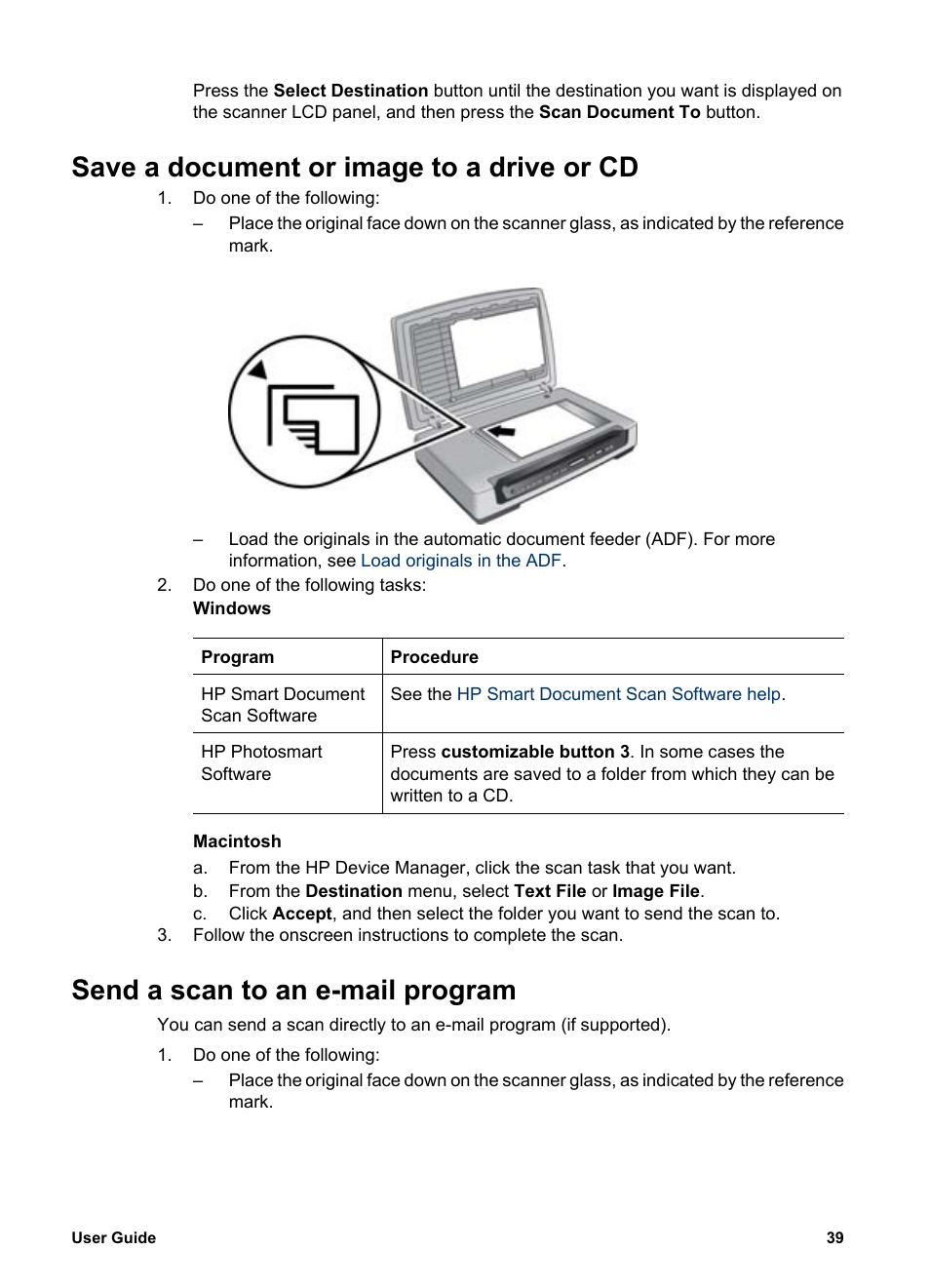Send a scan to an e-mail program, Save a document or image to a drive or cd | HP 8300 User Manual | Page 41 / 65