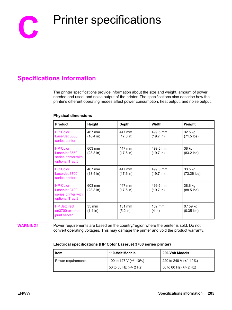 Printer specifications, Specifications information, Appendix c printer specifications | HP 3550 User Manual | Page 217 / 250