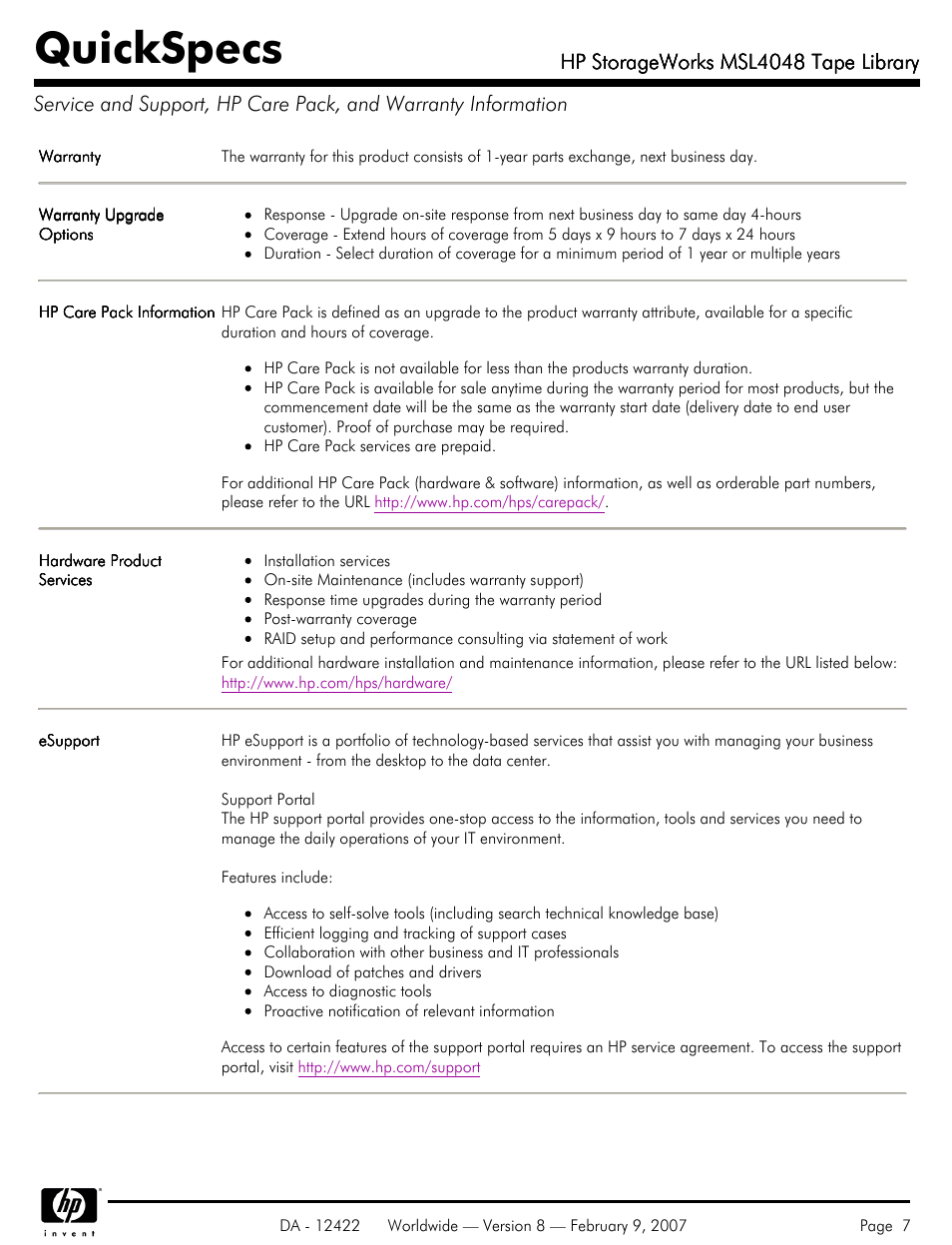 Quickspecs, Hp storageworks msl4048 tape library | HP STORAGEWORKS MSL4048 User Manual | Page 7 / 15
