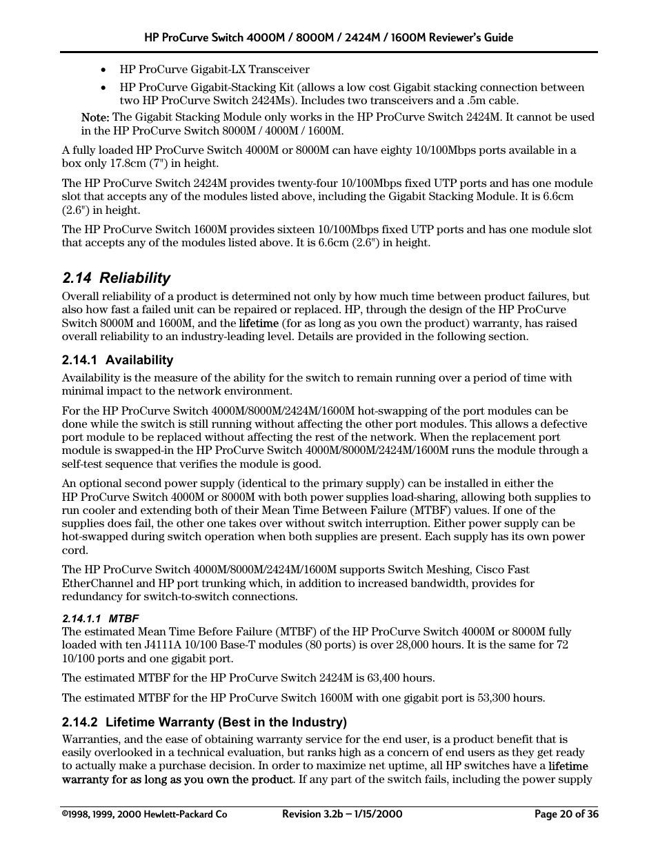 14 reliability | HP 2424M User Manual | Page 20 / 36
