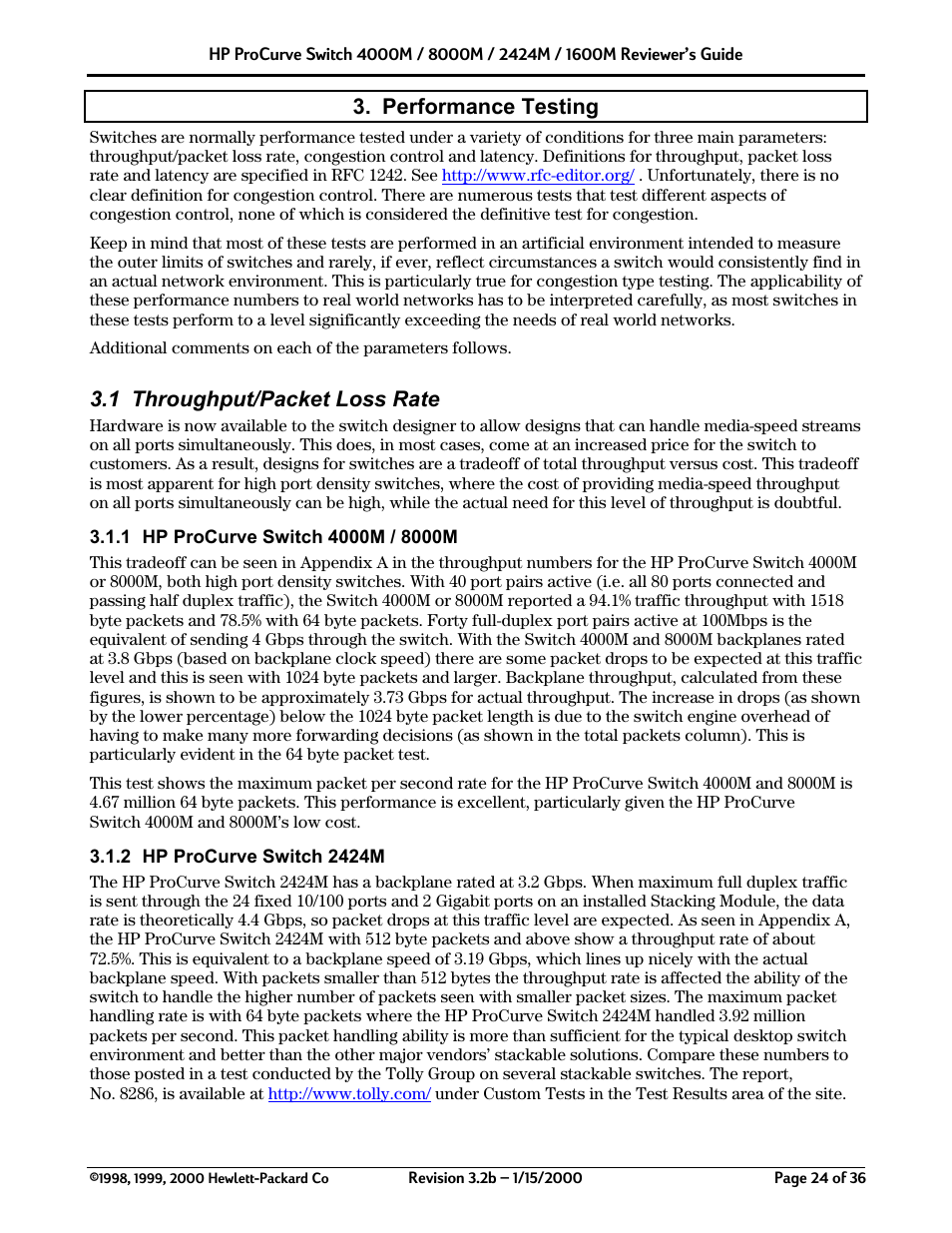 Performance testing, 1 throughput/packet loss rate | HP 2424M User Manual | Page 24 / 36