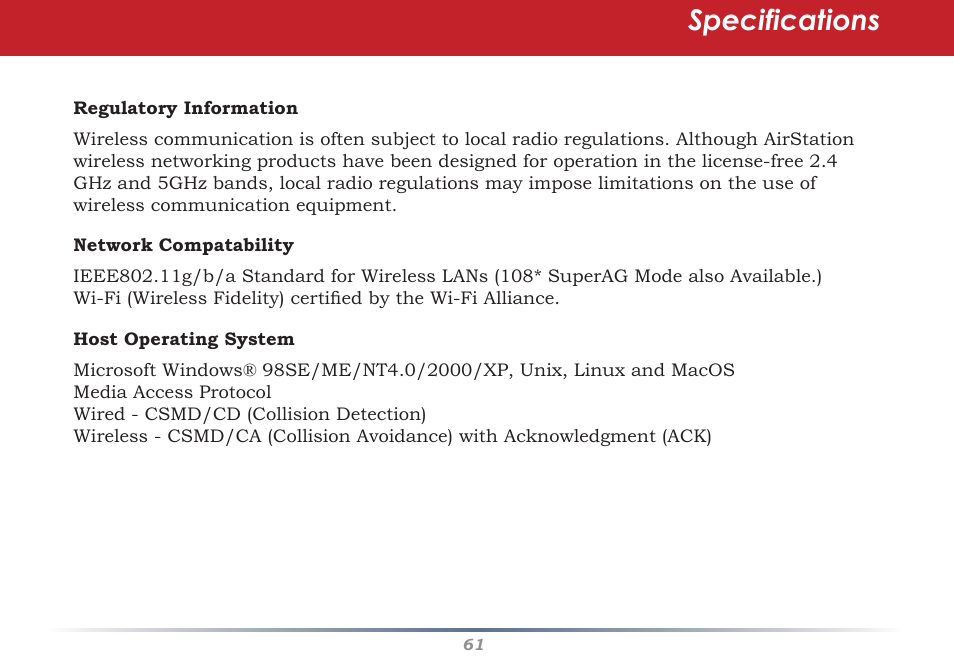 Specifications | HP WHR-HP-AG108 User Manual | Page 61 / 88