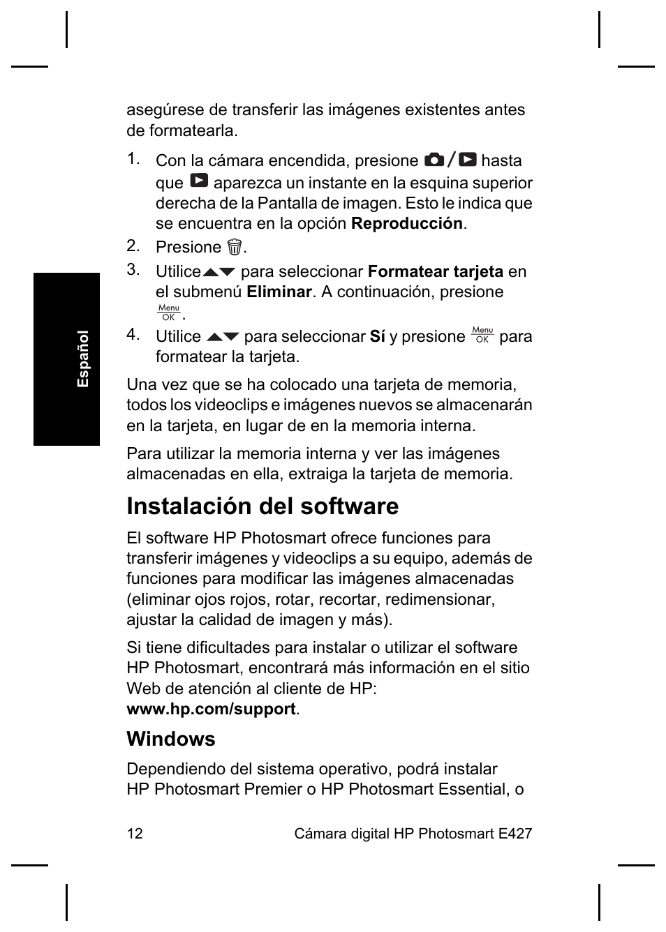 Instalación del software, Windows | HP E427 User Manual | Page 32 / 44