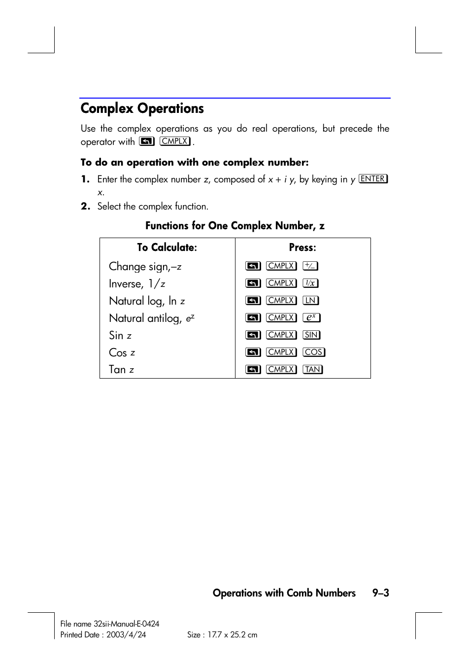 Complex operations | HP 32SII User Manual | Page 135 / 376