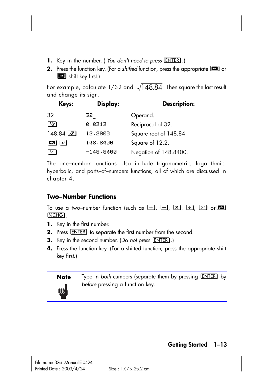 Two–number functions | HP 32SII User Manual | Page 29 / 376