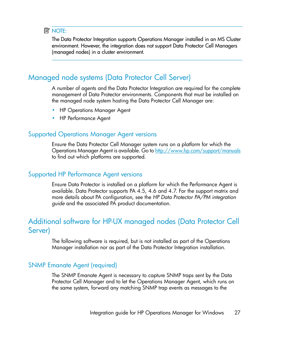 Managed node systems (data protector cell server), Supported operations manager agent versions, Supported hp performance agent versions | Snmp emanate agent (required), 27 supported hp performance agent versions | HP A.06.10 User Manual | Page 27 / 100
