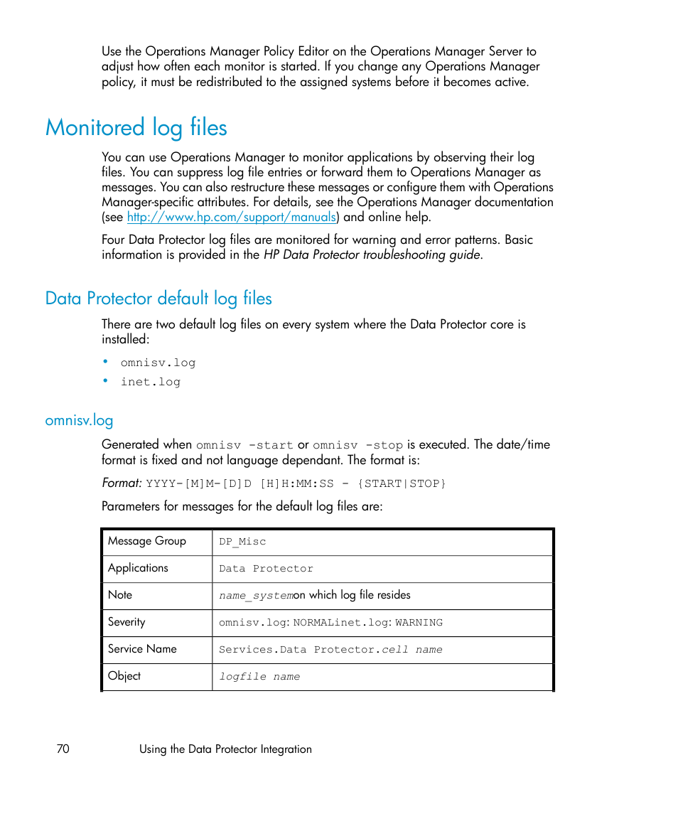 Monitored log files, Data protector default log files, Omnisv.log | HP A.06.10 User Manual | Page 70 / 100