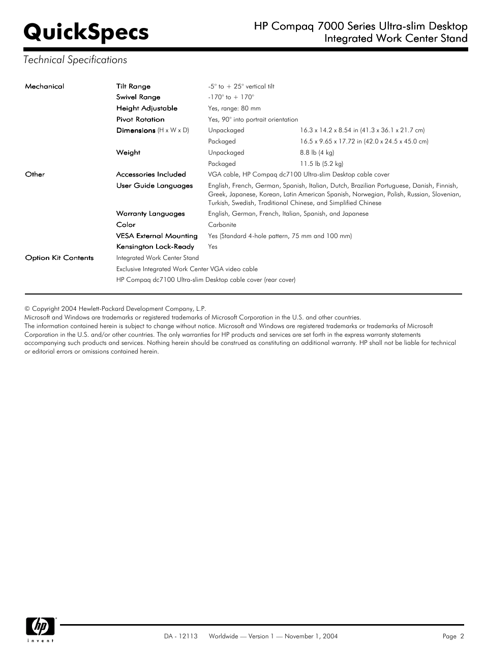 Technical specifications, Quickspecs, Hp compaq 7000 series ultra-slim desktop | HP Compaq DL641B User Manual | Page 2 / 2