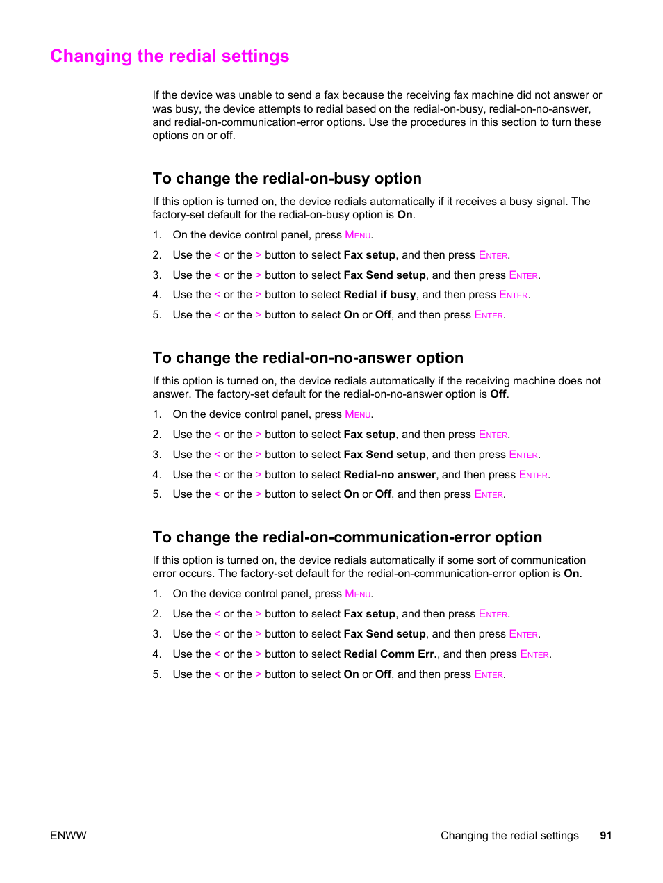 Changing the redial settings, To change the redial-on-busy option, To change the redial-on-no-answer option | To change the redial-on-communication-error option, Changing the, Redial settings | HP 2820 User Manual | Page 107 / 334