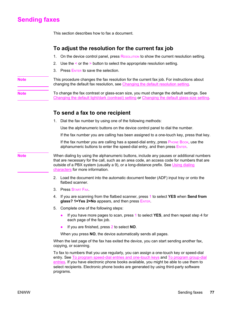 Sending faxes, To adjust the resolution for the current fax job, To send a fax to one recipient | HP 2820 User Manual | Page 93 / 334