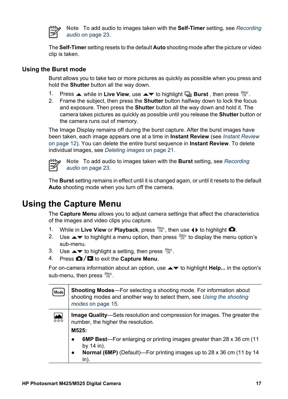 Using the burst mode, Using the capture menu | HP Photosmart M525 User Manual | Page 17 / 46