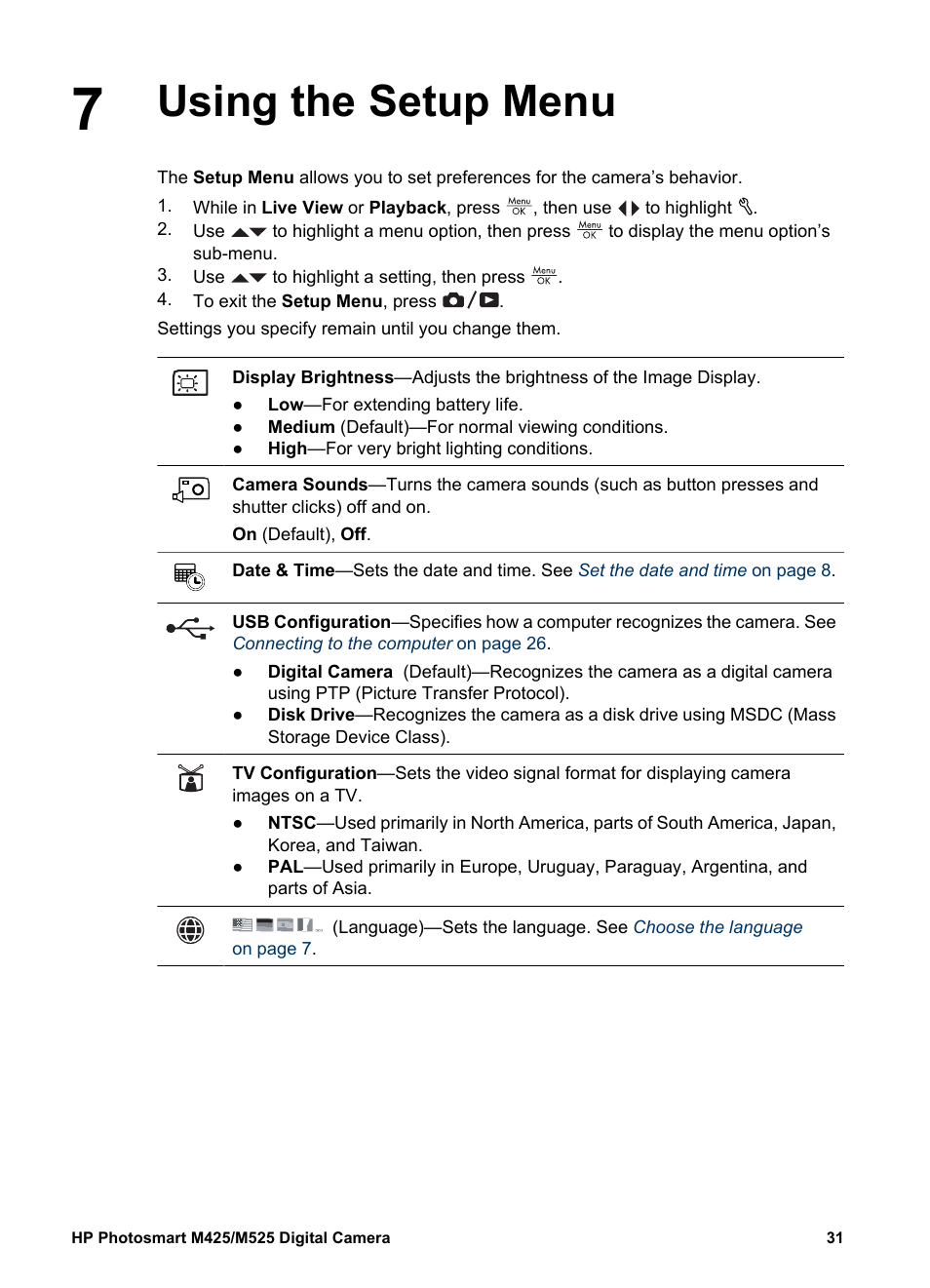 Using the setup menu | HP Photosmart M525 User Manual | Page 31 / 46