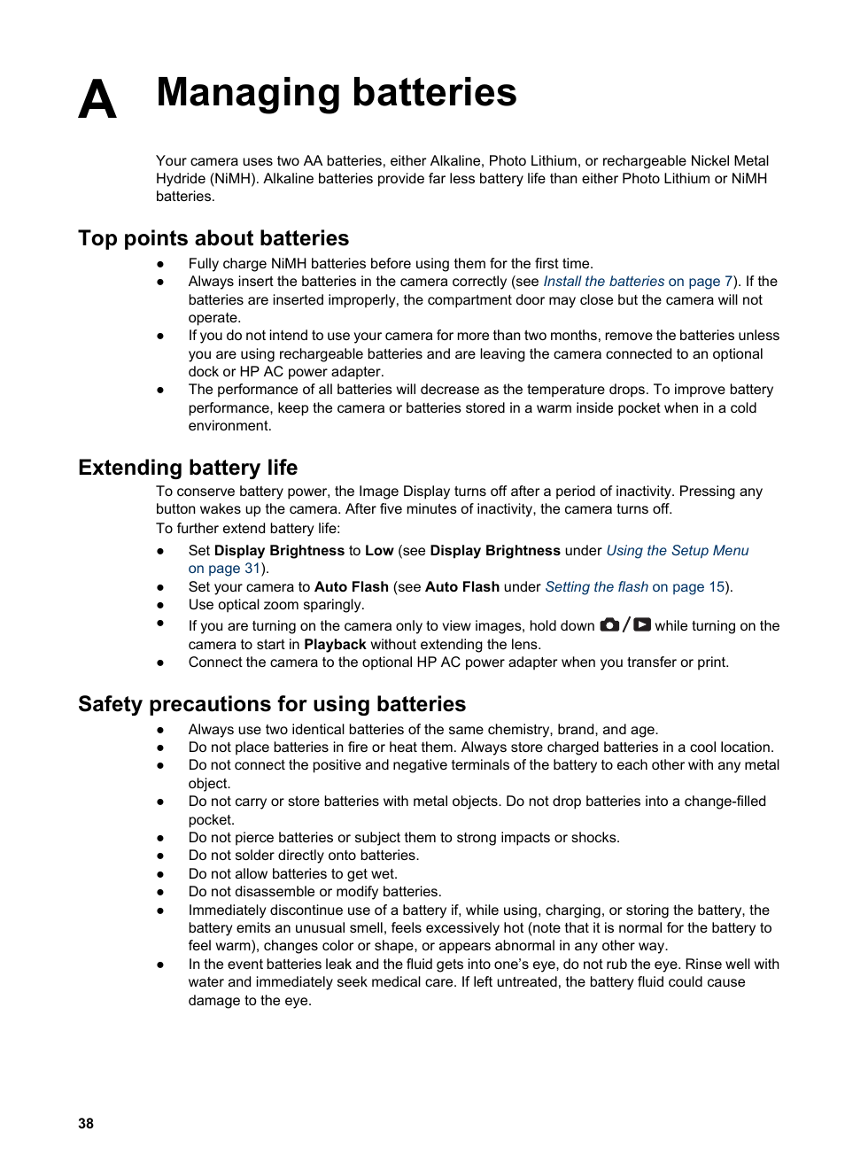 Managing batteries, Top points about batteries, Extending battery life | Safety precautions for using batteries | HP Photosmart M525 User Manual | Page 38 / 46
