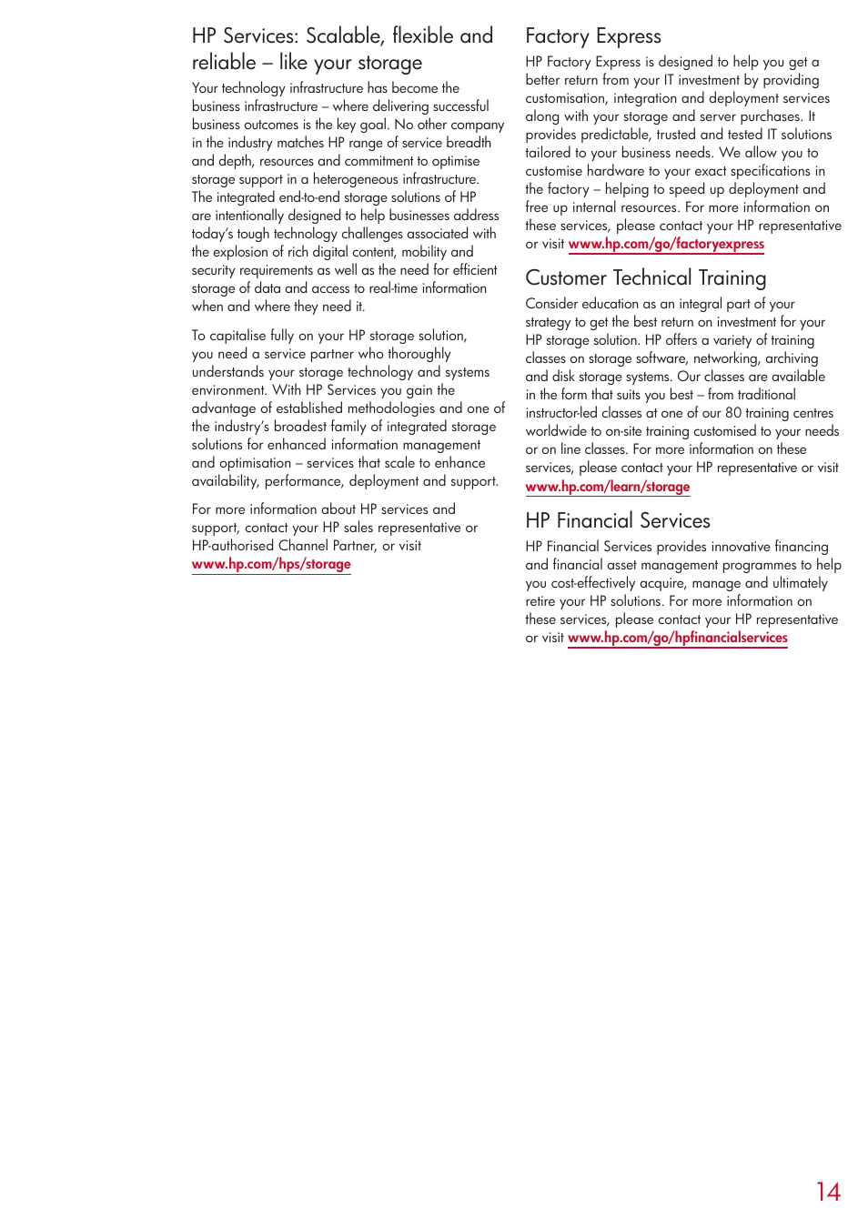 Factory express, Customer technical training, Hp financial services | HP 2354 User Manual | Page 14 / 16
