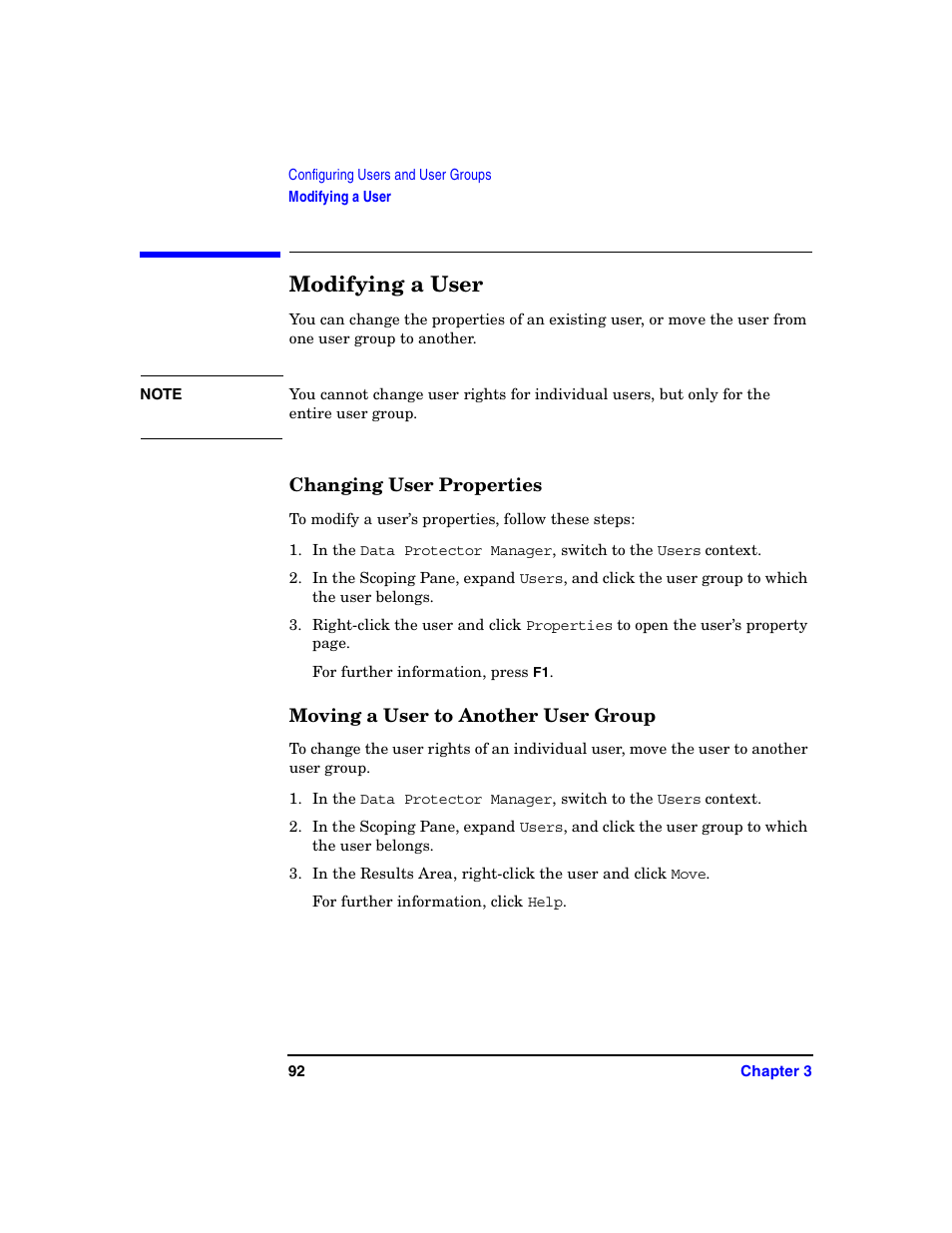 Modifying a user, Changing user properties, Moving a user to another user group | HP B6960-90078 User Manual | Page 122 / 856