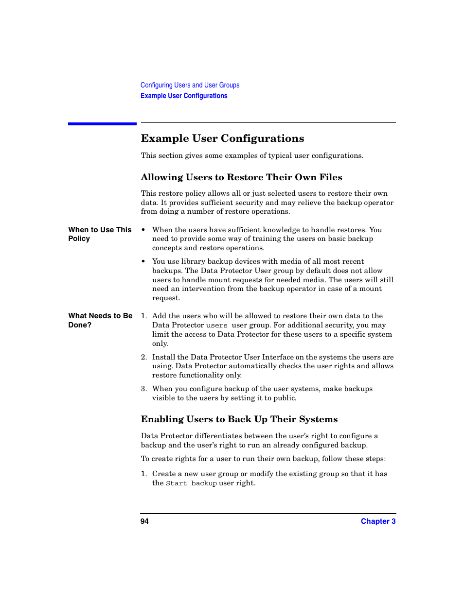 Example user configurations, Allowing users to restore their own files, Enabling users to back up their systems | HP B6960-90078 User Manual | Page 124 / 856