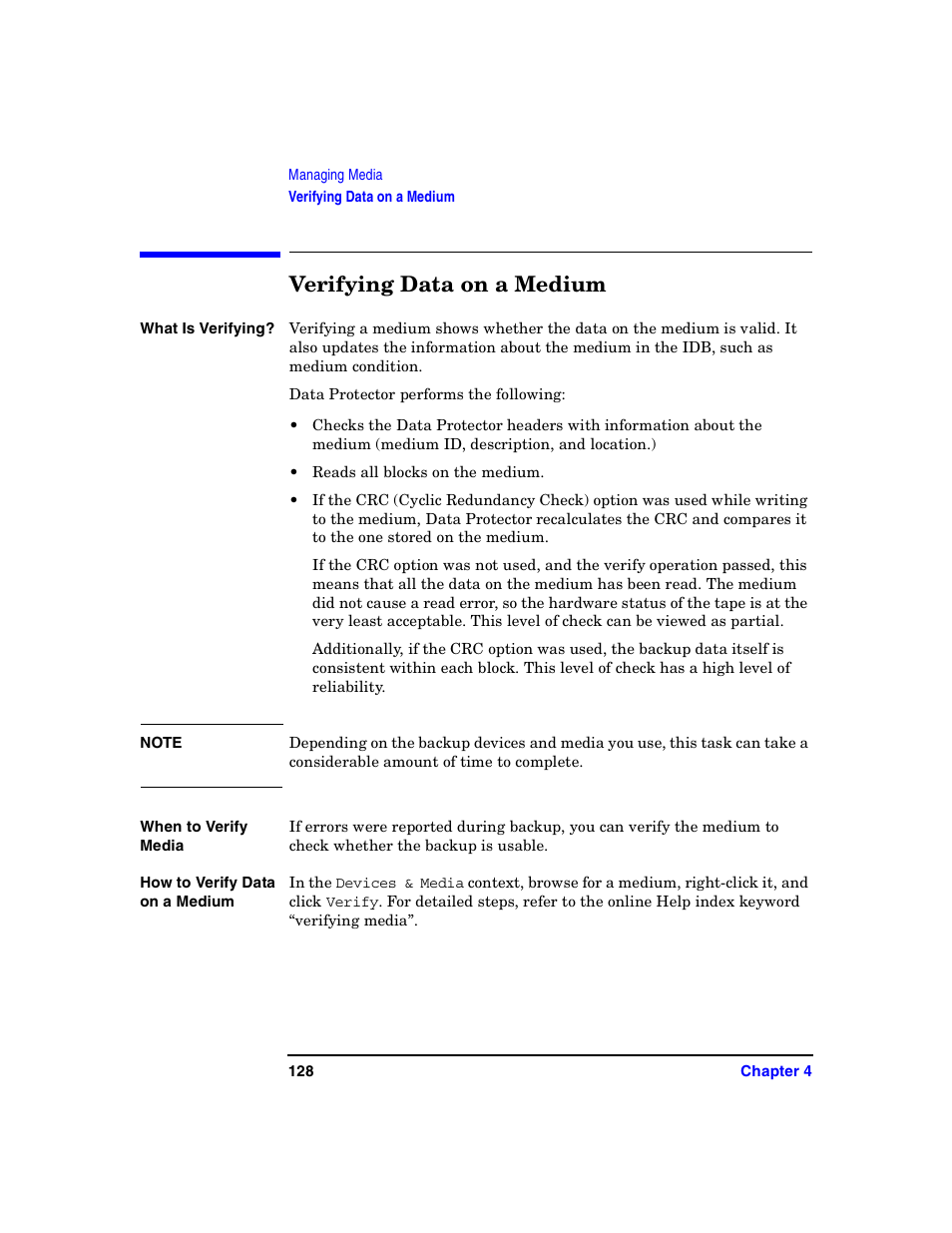Verifying data on a medium | HP B6960-90078 User Manual | Page 158 / 856