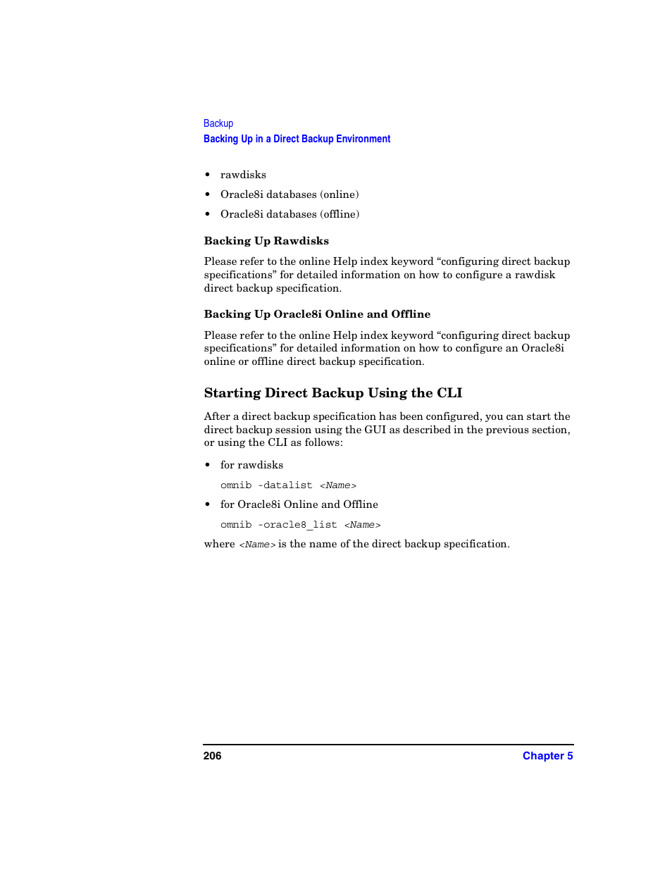 Backing up rawdisks, Backing up oracle8i online and offline, Starting direct backup using the cli | HP B6960-90078 User Manual | Page 236 / 856