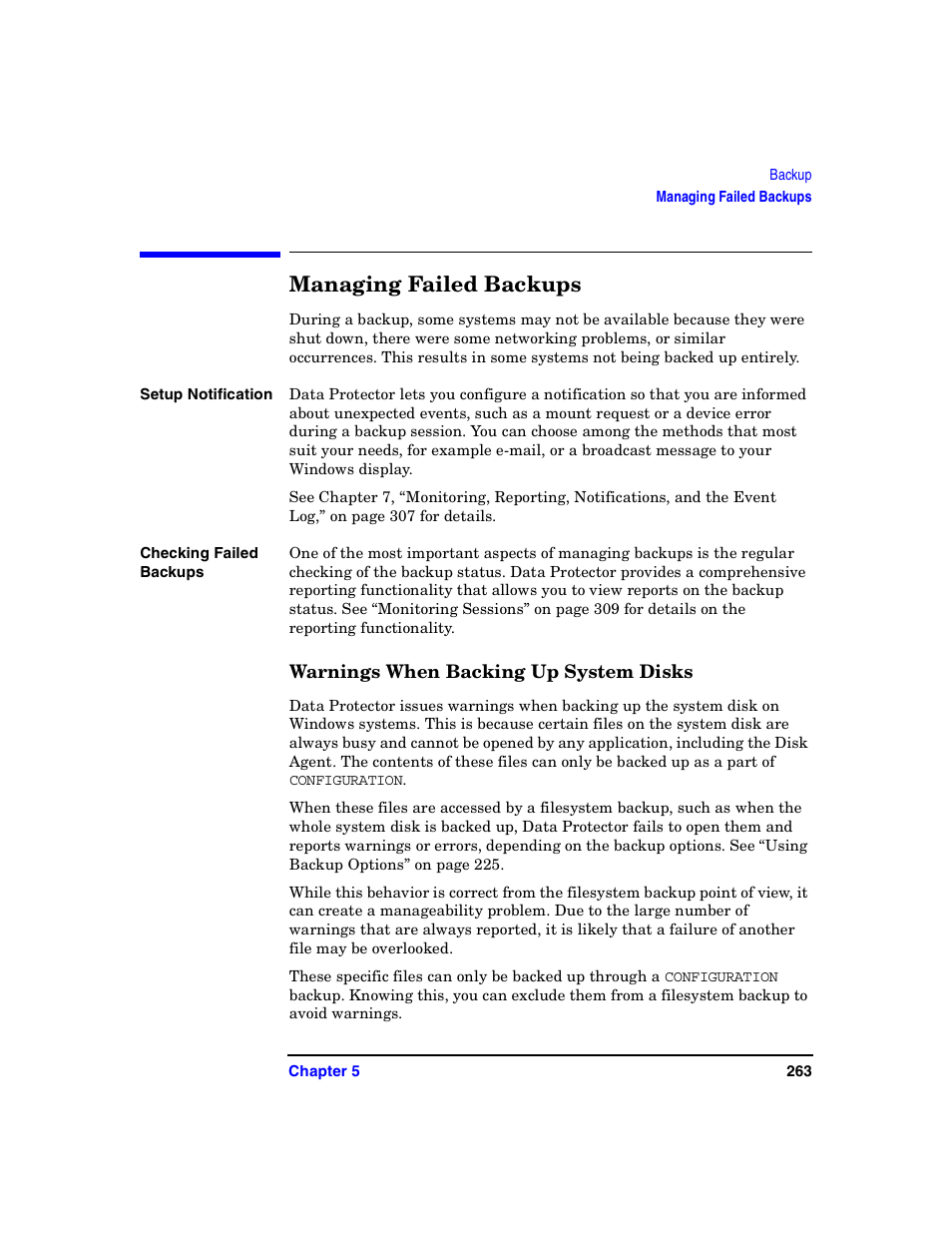 Managing failed backups, Warnings when backing up system disks | HP B6960-90078 User Manual | Page 293 / 856