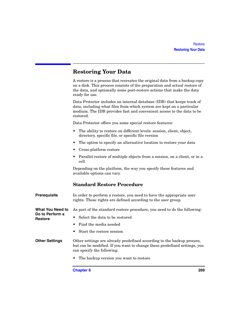 Restoring your data, Standard restore procedure | HP B6960-90078 User Manual | Page 299 / 856