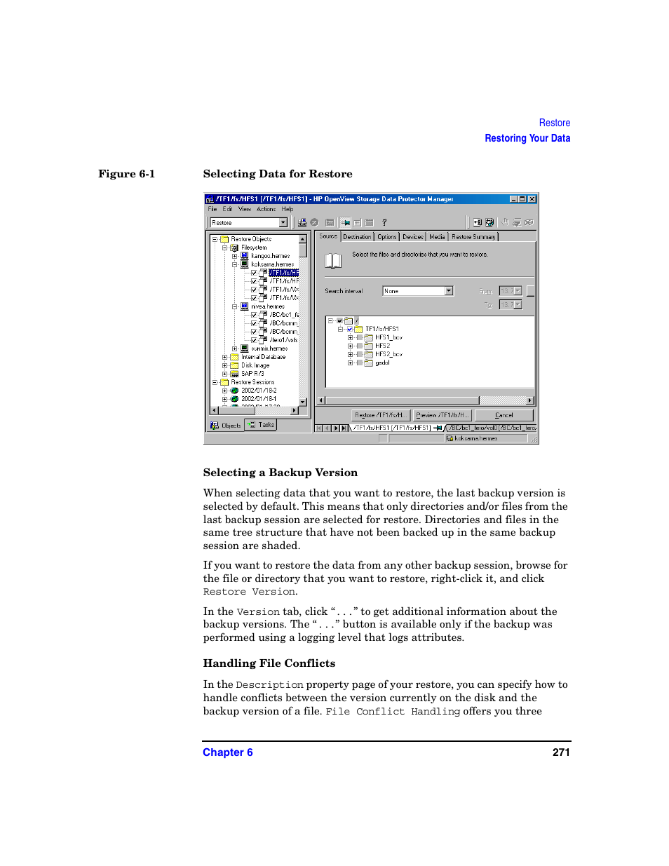 Selecting a backup version, Handling file conflicts | HP B6960-90078 User Manual | Page 301 / 856