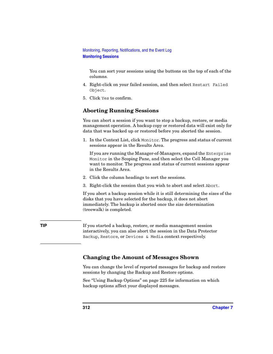 Aborting running sessions, Changing the amount of messages shown | HP B6960-90078 User Manual | Page 342 / 856