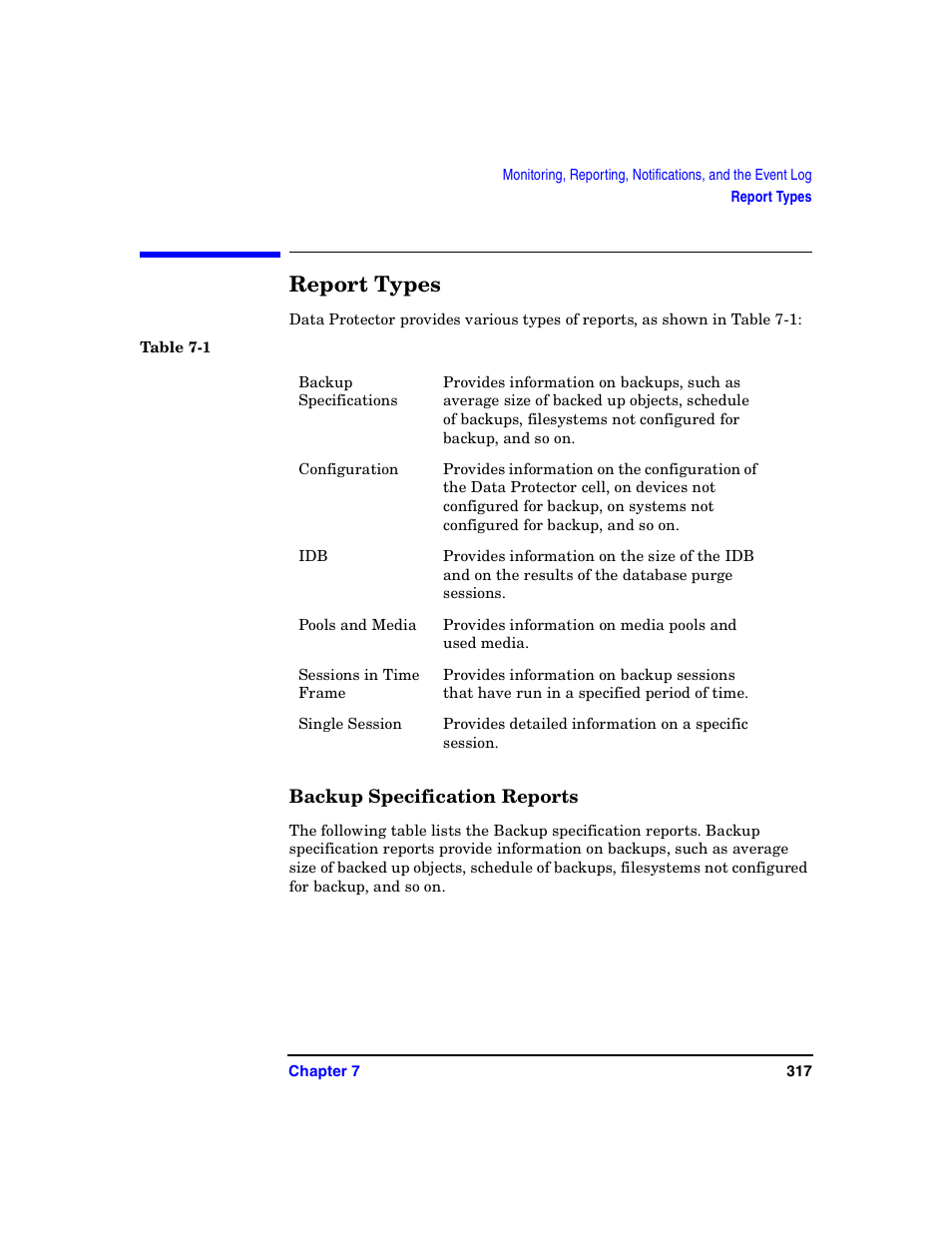 Report types, Backup specification reports | HP B6960-90078 User Manual | Page 347 / 856