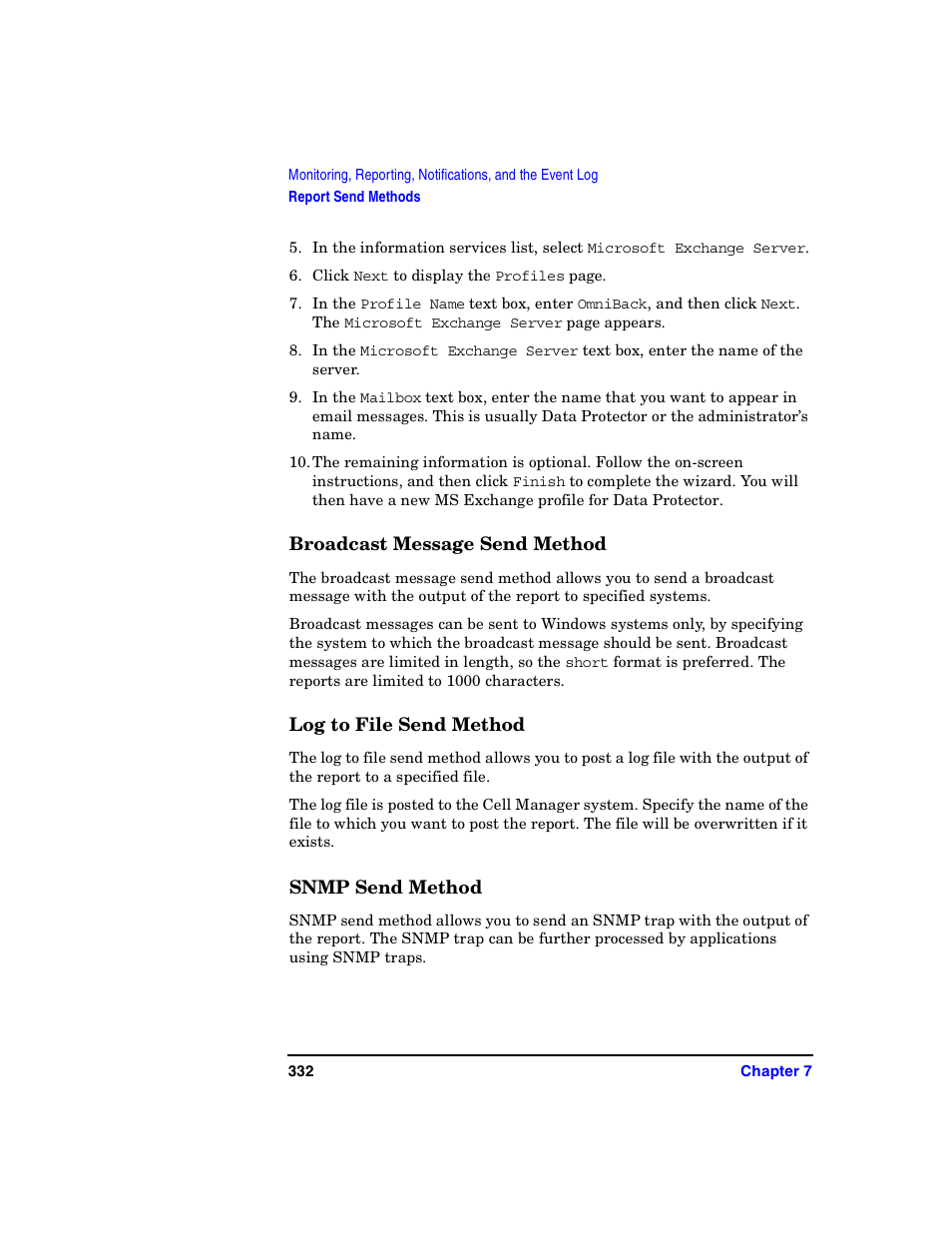 Broadcast message send method, Log to file send method, Snmp send method | HP B6960-90078 User Manual | Page 362 / 856