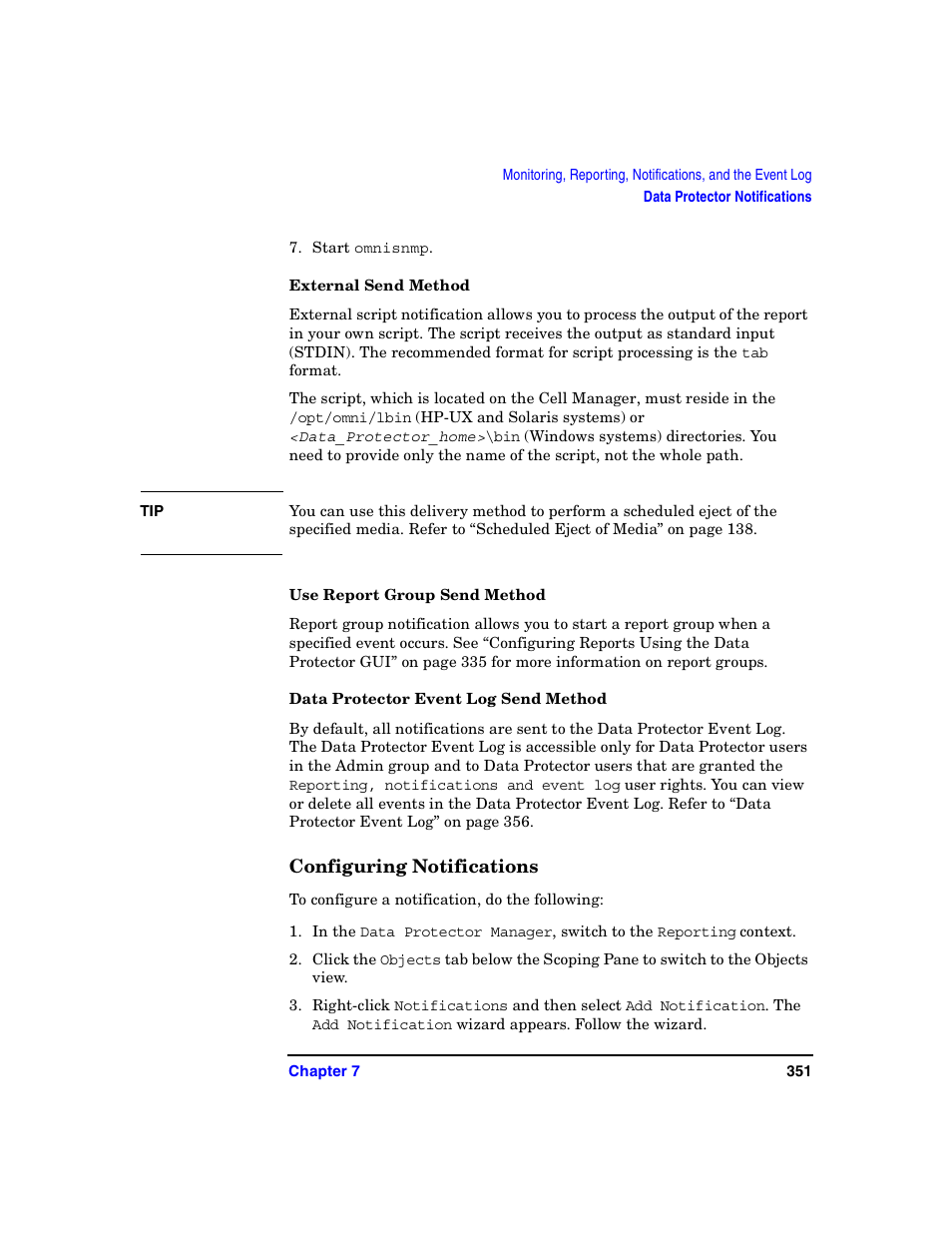 External send method, Use report group send method, Data protector event log send method | Configuring notifications | HP B6960-90078 User Manual | Page 381 / 856